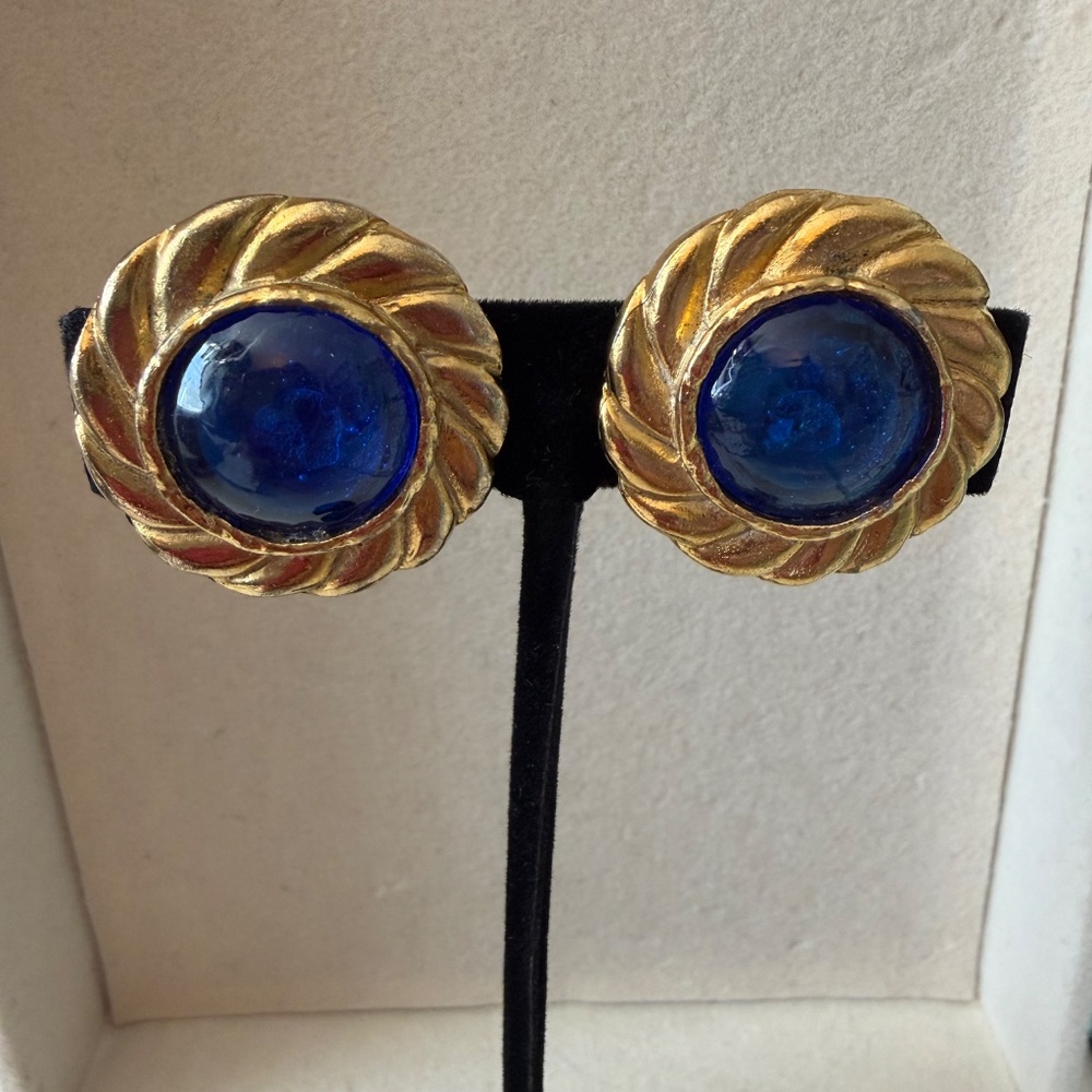 Vintage Chanel Blue Gripoix Clip Earrings in 24kt Gold Plated with free COA